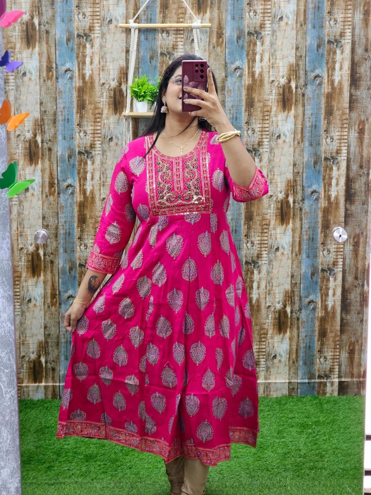 Pink Base Foil Print Anarkali abak87