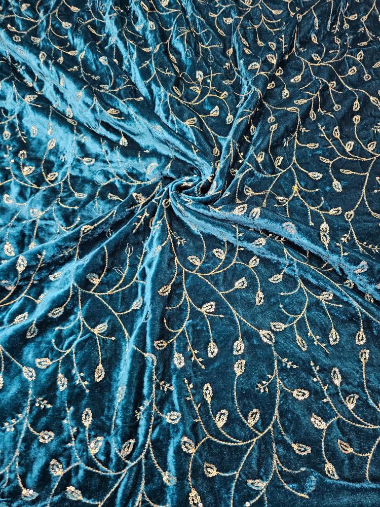 Teal shade All over Embroidered Fabric
