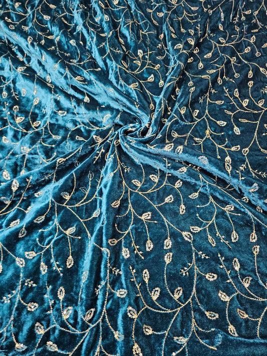 Teal shade All over Embroidered Fabric