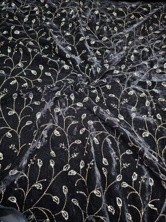 Black All Over Embroidered Velvet Fabric