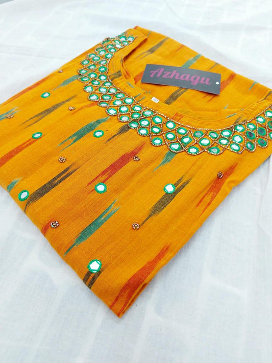 Mango Yellow Ikkat Mirror Work Kurti