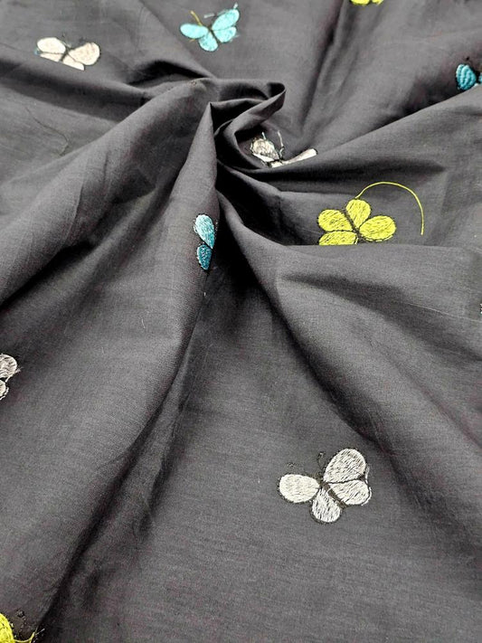 Black Shade Kora Cotton Butterfly Fabric